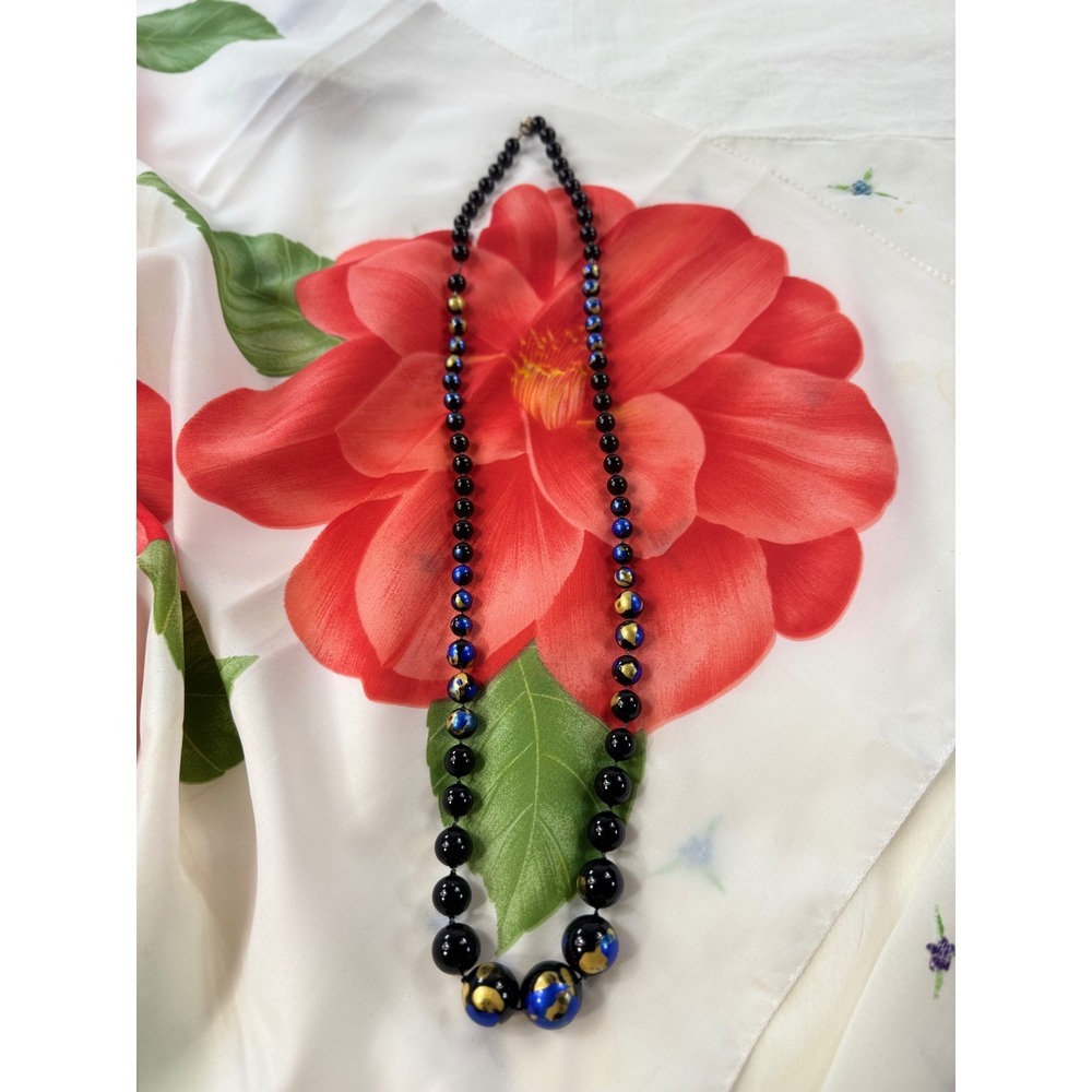 Vintage Black Blue Gold Splatter Art Glass Beaded Graduated Necklace 28 Inch‎ - Picture 2 of 7